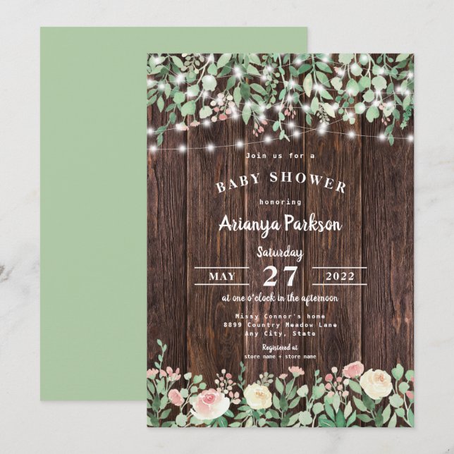 Invitación Rustic Wood Rubor Floral Lights Baby Shower (Anverso / Reverso)