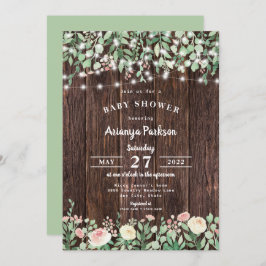 Invitación Rustic Wood Rubor Floral Lights Baby Shower