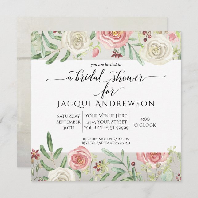 Invitación Rustic Wood Rubor Ivory Rosa Floral Bridal Shower (Anverso / Reverso)