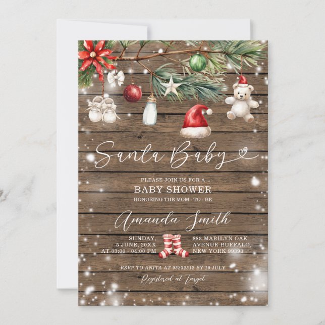 Invitación Rustic Wood Santa Baby Feliz Navidad Baby Shower (Anverso)