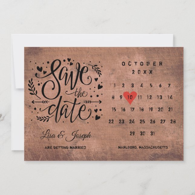 Invitación Rustic Wood Save the Date Calendar Red Heart (Anverso)