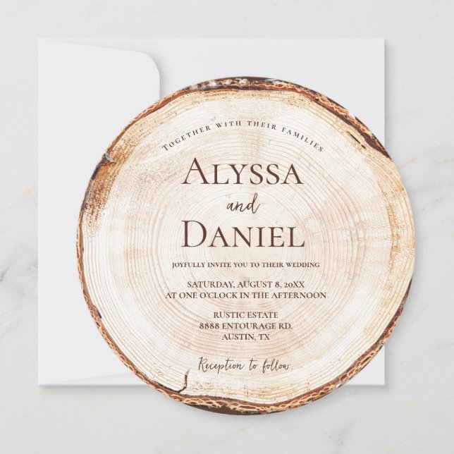 Invitación Rustic Wood Slice Editable Wedding (Anverso)