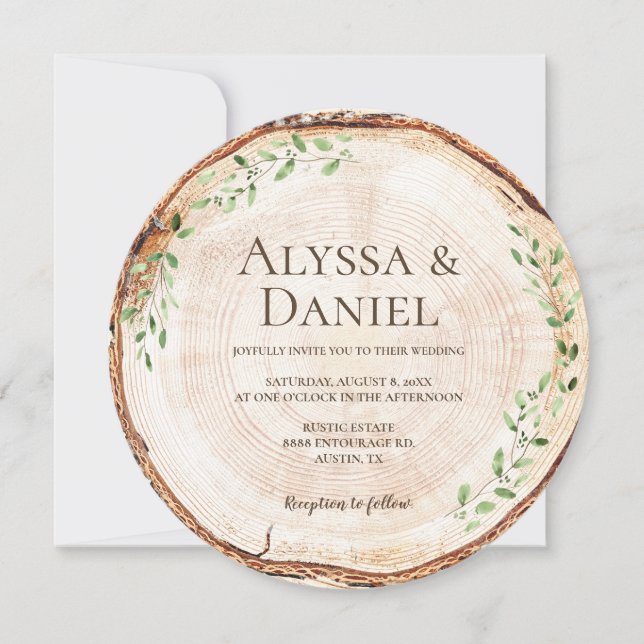 Invitación Rustic Wood Slice with Greenery woodland wedding (Anverso)