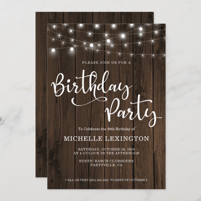 Invitación Rustic Wood String ilumina 50 cumpleaños (Anverso / Reverso)