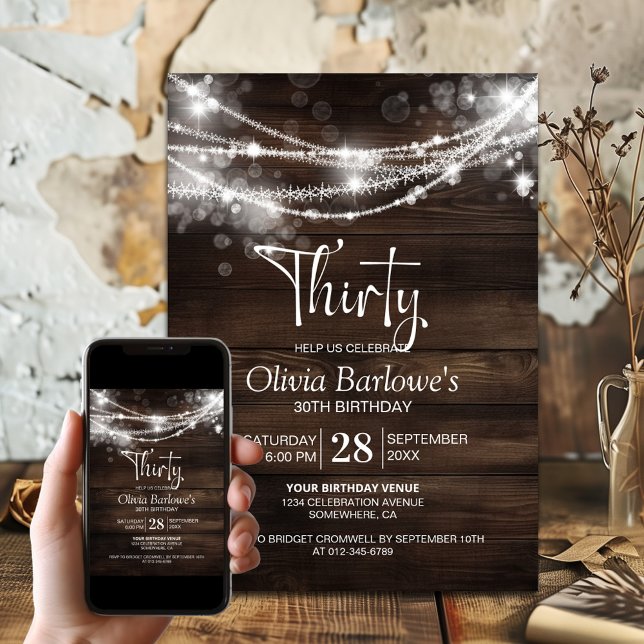 Invitación Rustic Wood String ilumina a 30 Fiesta de cumpleañ (Subido por el creador)