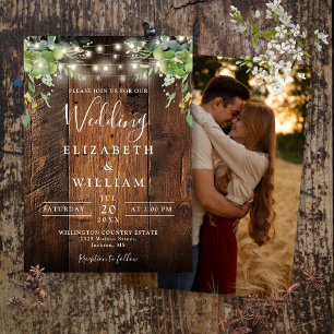 Invitación Rustic Wood String ilumina a Greenery Photo Boda