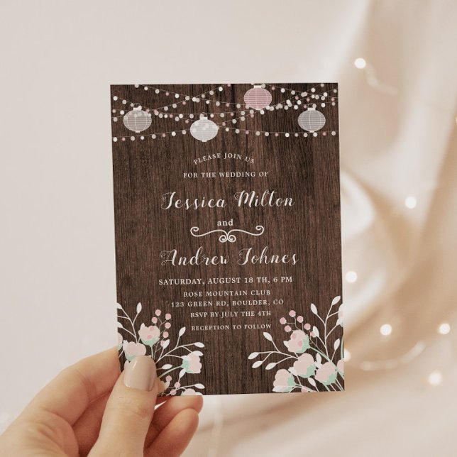 Invitación Rustic Wood String ilumina a Rubor Floral Boda (Subido por el creador)