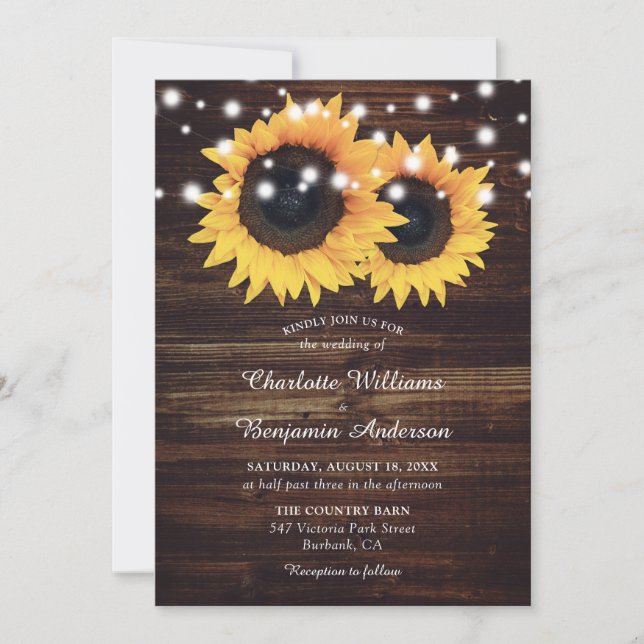 Invitación Rustic Wood String ilumina al Boda del girasol (Anverso)