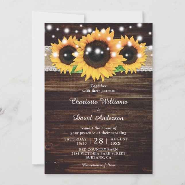 Invitación Rustic Wood String ilumina al Boda del girasol (Anverso)