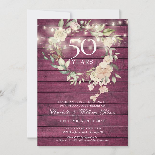 Invitación Rustic Wood String ilumina el 50 aniversario de la (Anverso)
