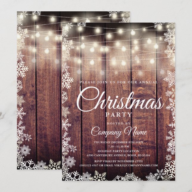 Invitación Rustic Wood String ilumina fiesta de feriado corpo (Anverso / Reverso)