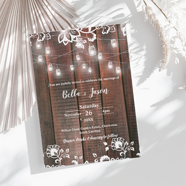 Invitación Rustic Wood String Light Barn Lace Country Wedding (Rustic Wood String Lights Wedding Invitation | Barn Lace Wood Country Wedding Invite)