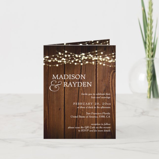 Invitación Rustic Wood String lights 3 Photos QR Code Wedding (Anverso)