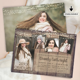 Invitación Rustic Wood String Lights 5 Photo Graduation
