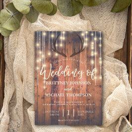 Invitación Rustic Wood String Lights Antler Boda