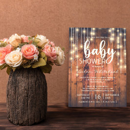 Invitación Rustic Wood String Lights Baby Shower