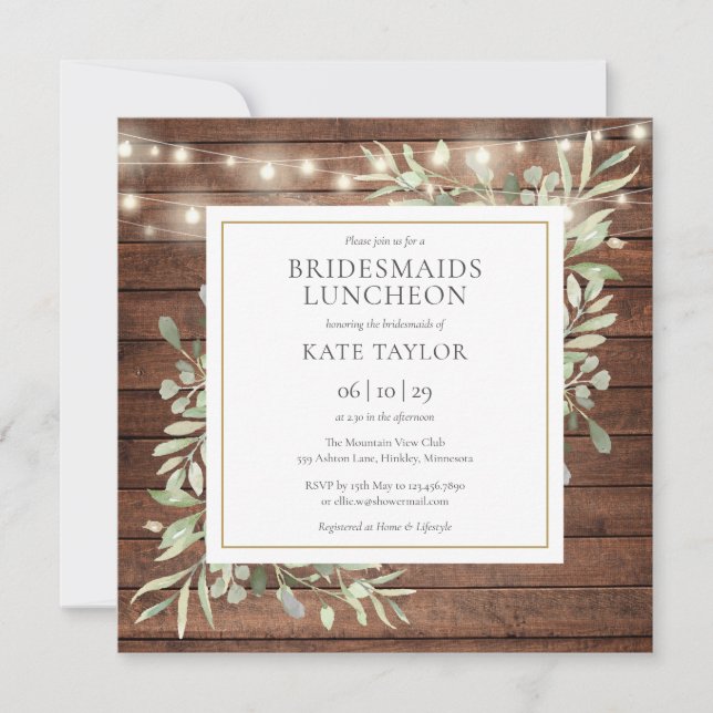 Invitación Rustic Wood String Lights Bridesmaids Luncheon (Anverso)