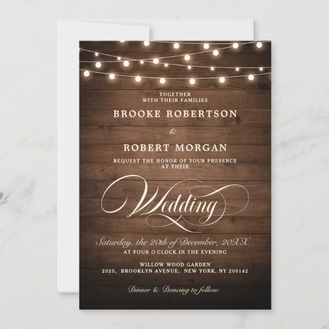Invitación Rustic Wood String Lights Calligraphy Boda (Anverso)