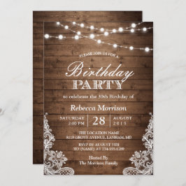 Invitación Rustic Wood String Lights Lace Birday Party