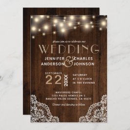 Invitación Rustic Wood String Lights Lace Boda