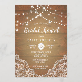 Invitación Rustic Wood String Lights Lace Bridal Shower