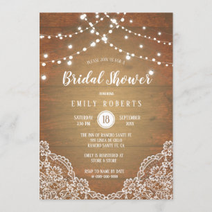 Invitación Rustic Wood String Lights Lace Bridal Shower