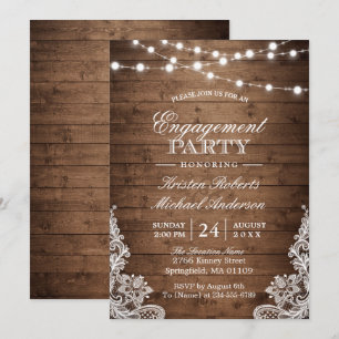 Invitación Rustic Wood String Lights Lace Engagement Party