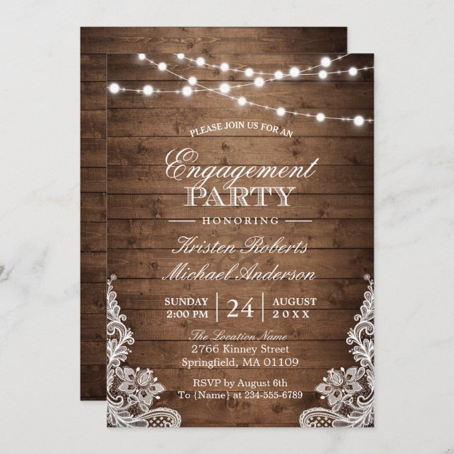 Invitación Rustic Wood String Lights Lace Engagement Party (Anverso / Reverso)