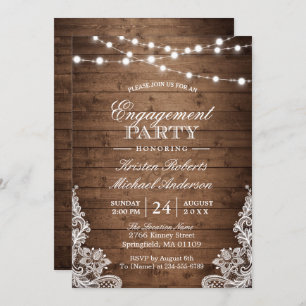 Invitación Rustic Wood String Lights Lace Engagement Party
