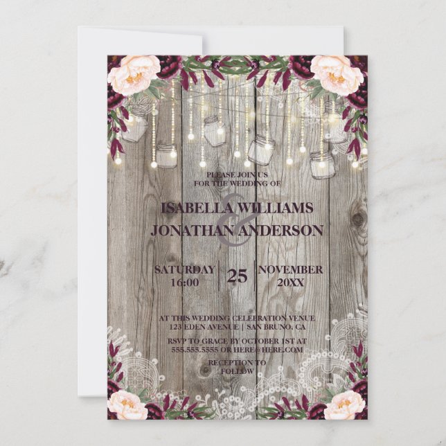 Invitación Rustic Wood & String Lights Lace Jar Boda (Anverso)