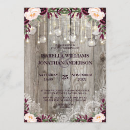 Invitación Rustic Wood & String Lights Lace Jar Boda