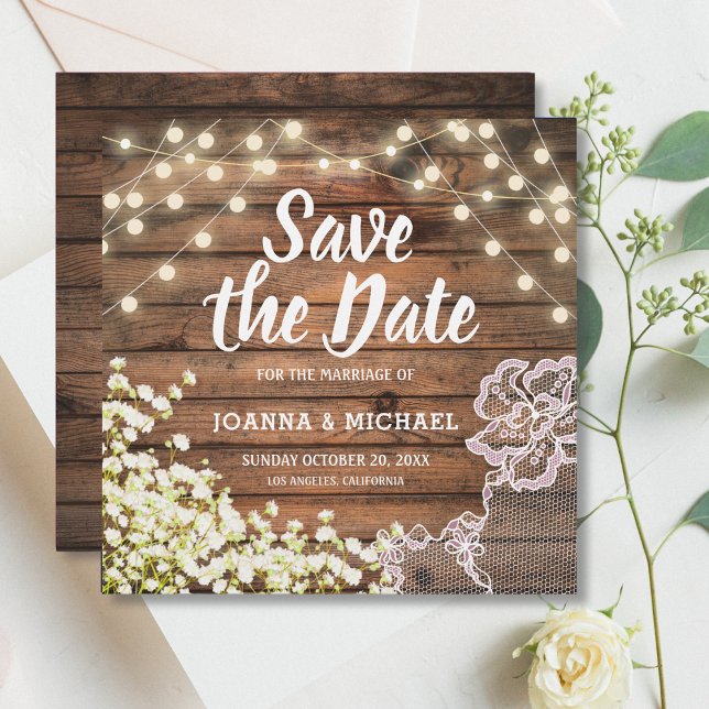 Invitación Rustic Wood String Lights & Lace Save Date Inv (Subido por el creador)