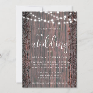 Invitación Rustic Wood String Lights Lace Wedting