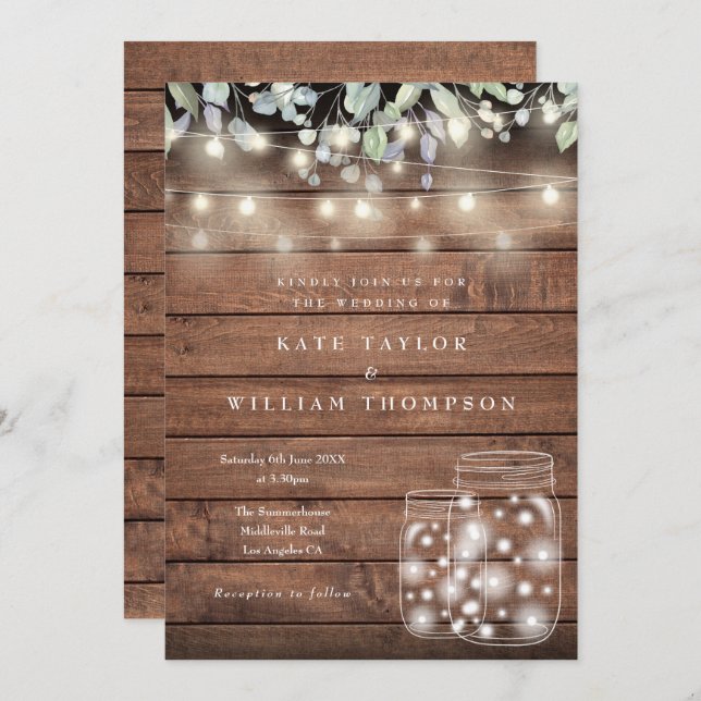Invitación Rustic Wood String Lights Mason Jar Boda (Anverso / Reverso)
