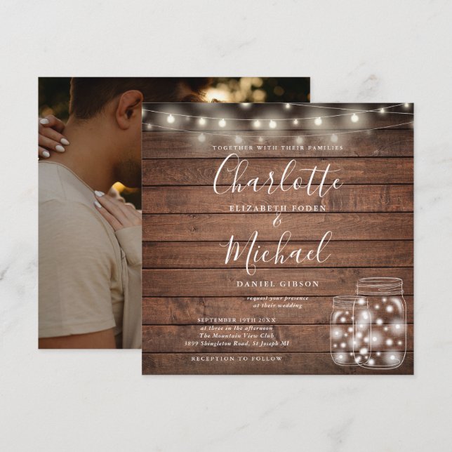 Invitación Rustic Wood String Lights Mason Jar Boda Photo (Anverso / Reverso)