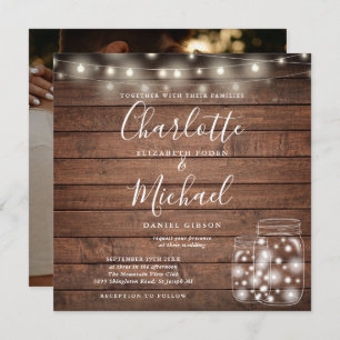 Invitación Rustic Wood String Lights Mason Jar Boda Photo