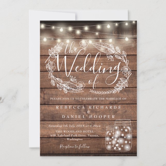 Invitación Rustic Wood String Lights Mason Jars Boda (Anverso)