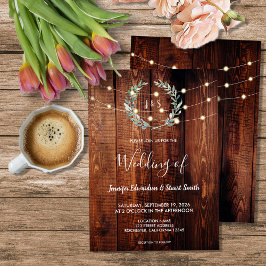 Invitación Rustic wood string lights monogram country Wedding
