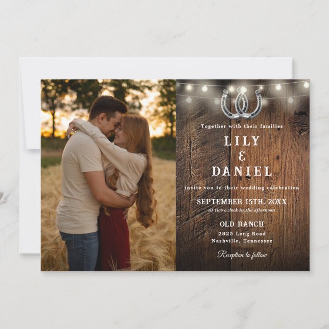 Invitación Rustic Wood String Lights Photo QR Code Wedding (Anverso)