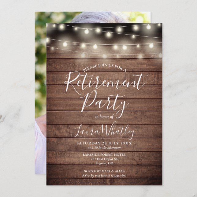 Invitación Rustic Wood String Lights Photo Retirement Fiesta (Anverso / Reverso)