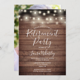Invitación Rustic Wood String Lights Photo Retirement Fiesta