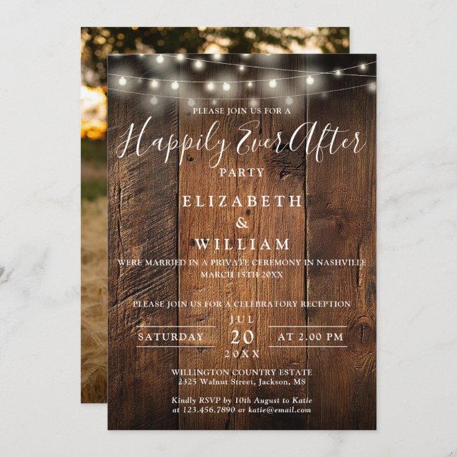 Invitación Rustic Wood String Lights Photo Wedding Reception (Anverso / Reverso)