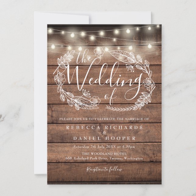 Invitación Rustic Wood String Lights Script Photo Boda (Anverso)