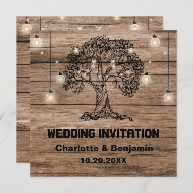 Invitación Rustic Wood String Lights & Tree Boda (Anverso / Reverso)