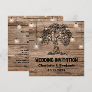 Invitación Rustic Wood String Lights & Tree Boda