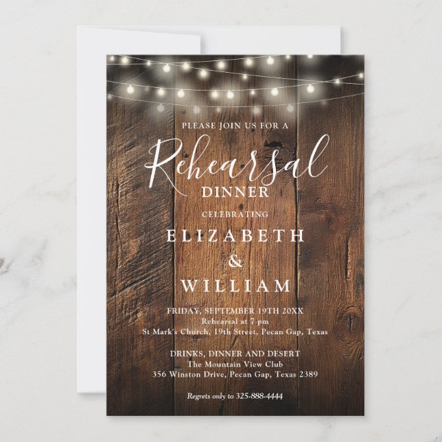 Invitación Rustic Wood String Lights Wedding Rehearsal Dinner (Anverso)