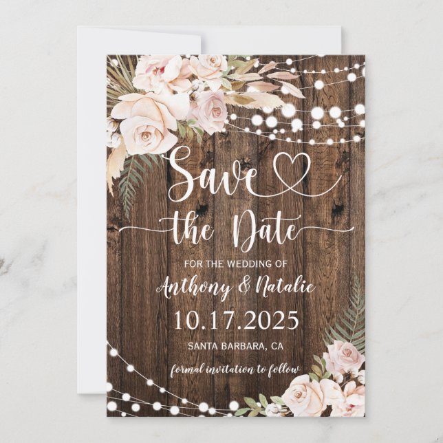 Invitación Rustic Wood String Lights Wedding Save the Date (Anverso)