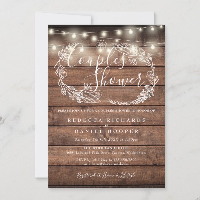 Invitación Rustic Wood String Luces Ducha Parejas (Anverso)