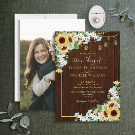 Invitación Rustic Wood Sunflower Dusty Blue Photo Wedding