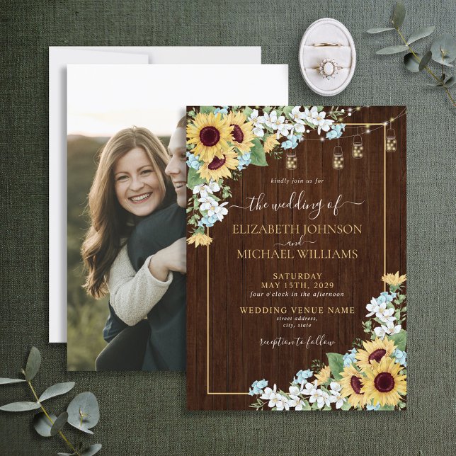 Invitación Rustic Wood Sunflower Dusty Blue Photo Wedding (Subido por el creador)